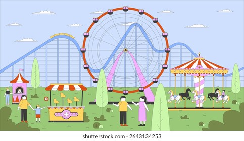Funfair amusement park flat illustration. Fairground attractions. Carnival rides, rollercoaster, ferris wheel. Visitors with children 2D characters cartoon background. Colorful scene vector art image