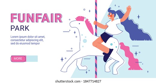 Funfair amusement park horizontal banner with slider more button editable text and girl character riding unicorn vector illustration
