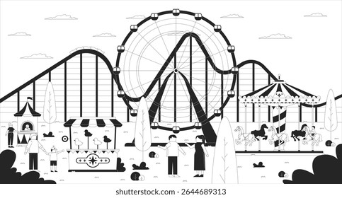 Funfair amusement park line illustration. Fairground attractions. Carnival rides, rollercoaster, ferris wheel. Visitors with children 2D ink linear characters monochrome. Flat outline vector image