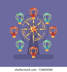 Funfair carnival flat illustration. Amusement park illustration with a Ferris wheel at night on blue background