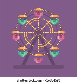 Funfair carnival flat illustration. Amusement park illustration with a Ferris wheel at night on purple background