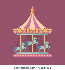 Funfair carnival flat illustration. Amusement park illustration of a pink and yellow carousel with horses at night