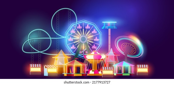 Funfair and carnival rides and attractions glowing at night. Vector illustration.