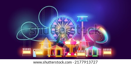 Funfair and carnival rides and attractions glowing at night. Vector illustration.