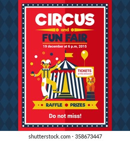 Funfair chapiteau travelling circus performance announcement retro style red poster with lion and clown juggler vector illustration