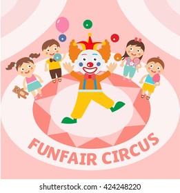 Funfair circus - cartoon illustration. Cute scene with kids and clown. Children having fun.