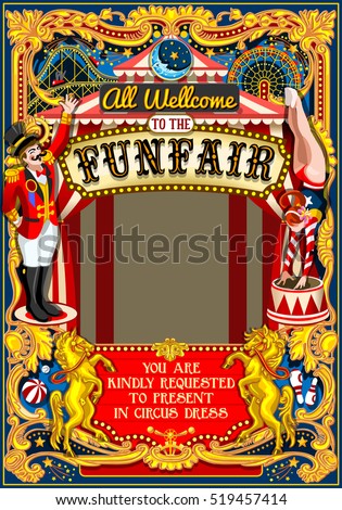 Funfair Circus tent artist show carousel Frame Poster Invite Kid game Birthday Party Amusement Park. Carnival Background Design Masquerade Fair Cabaret Vintage Vector Illustration Crazy People theme