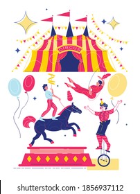 Funfair composition with images of circus big top flags and flying balloons with characters of performers vector illustration