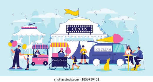 Funfair composition with outdoor view of circus marquee amusement park buildings and rides with human characters vector illustration