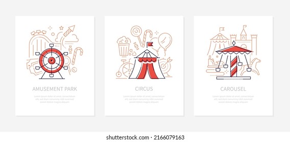 Funfair concept - line design style banners set with place for text. Amusement park, circus, carousel illustrations. Big wheel and roller coaster, tent, attractions icons. Entertainment and leisure