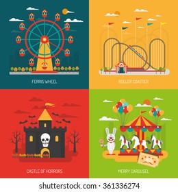 Funfair design concept set with children and family attraction flat icons isolated vector illustration