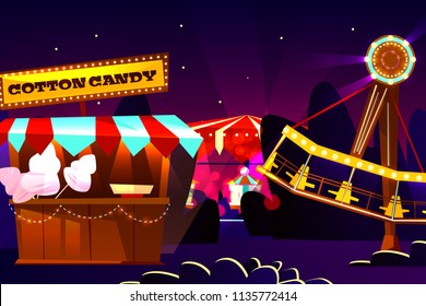 Funfair or fairground cartoon vector illustration of amusement park at evening. Merry-go-round carousel and observation wheel rides, cotton candy sweets vendor booth on cartoon flat background