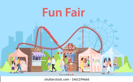 Funfair flat vector illustration. Amusement park attractions banner design. Ferris wheel, roller coaster. Summer festival entertainment. Fun fair with local shops, street food stalls, kiosks and booth