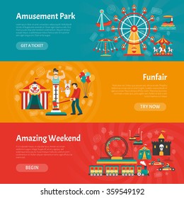 Funfair horizontal banner set with amusement park elements isolated vector illustration