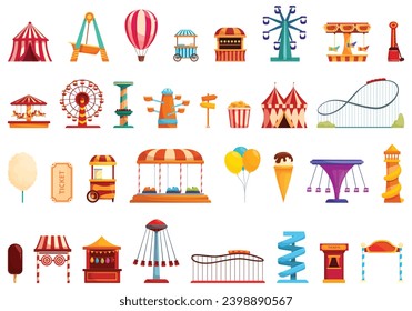 Los iconos de funfair configuran el vector de dibujos animados. Parque de atracciones. Círculo de carrusas