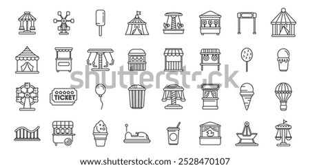 Funfair icons set. This set of icons features various attractions and food stands found in amusement parks, perfect for representing fun and entertainment