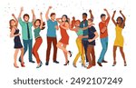 Fun-filled dance party with multiethnic clubbers cartoon. Energetic pack of flat illustrations depicting partygoers having great time on white background