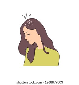 Fungal skin diseases, dermatology. Dandruff problem on the head. The girl is sad because of a chronic disease. Vector illustration in style. Medical poster