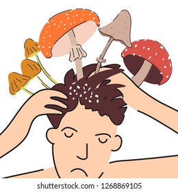 Fungal skin diseases. Ironic poster shows the problem of dandruff on the head. A person is sad because of dermatological disease. Vector illustration in the style of a comic book. For medical 