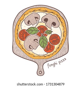 Funghi Pizza with mushroom and tomato and mozzarella and basil, sketching illustration