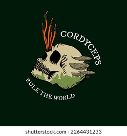 fungi out from human skull with tegline cordyceps rule the world logo