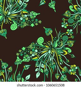 Fungi of psilocybin, fly agarics. Seamless pattern, bright, psychedelic, doodle hand drawn