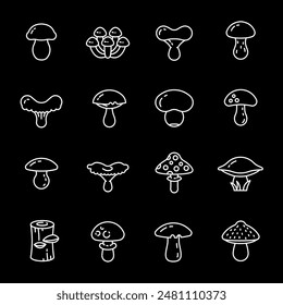 Fungi, white line icons. Toxic and non-toxic mushrooms. nature and botanical themes. Symbols on black background. Editable stroke.