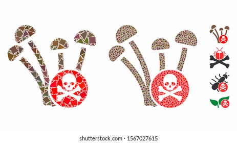 Fungicide composition of tuberous parts in variable sizes and shades, based on fungicide icon. Vector ragged parts are organized into mosaic. Fungicide icons collage with dotted pattern.