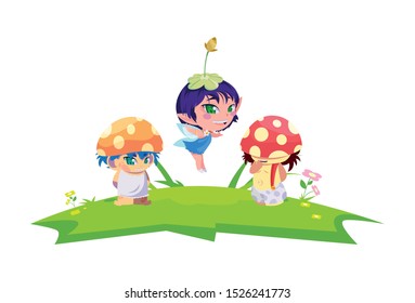fungus elfs and fairy in the garden vector illustration design