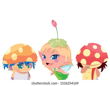 fungus elfs and fairy magic characters vector illustration design