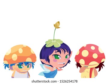 fungus elfs and fairy magic characters vector illustration design