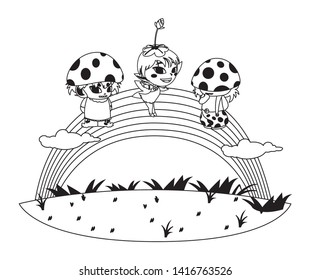 fungus elfs and fairy with rainbow