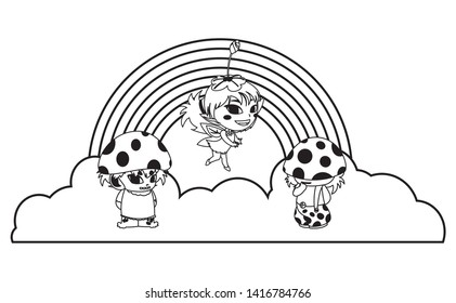 fungus elfs and fairy with rainbow
