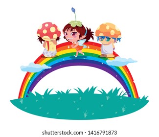 fungus elfs and fairy with rainbow