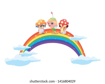 fungus elfs and fairy with rainbow