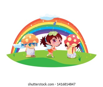 fungus elfs and fairy with rainbow