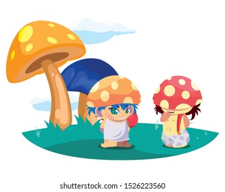 fungus elfs in the garden magic characters vector illustration design