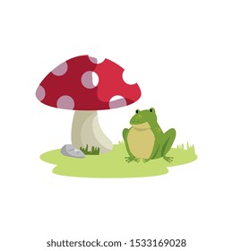 fungus plant with frog fairytale isolated icon vector illustration design