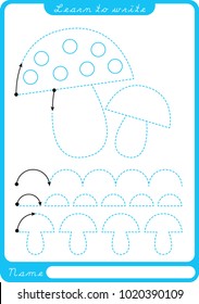 Fungus. Preschool Worksheet For Practicing Fine Motor Skills - Tracing Dashed Lines. Tracing Worksheet.  Illustration And Vector Outline - A4 Paper Ready To Print.