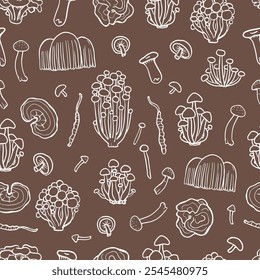 Fungus seamless pattern on beige background. Illustration of Shimeji, erinji, shitaki, cordyceps, turkey tail and lions mane. Hand drawn medicinal mushrooms. 