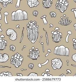 Fungus seamless pattern on beige background. Illustration of Shimeji, erinji, shitaki, cordyceps, turkey tail and lions mane. Hand drawn white medicinal mushrooms. 