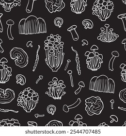 Fungus seamless pattern on black background. Illustration of Shimeji, erinji, shitaki, cordyceps, turkey tail and lions mane. Hand drawn medicinal mushrooms. 