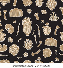 Fungus seamless pattern on black background. Illustration of Shimeji, erinji, shitaki, cordyceps, turkey tail and lions mane. Hand drawn beige medicinal mushrooms. 