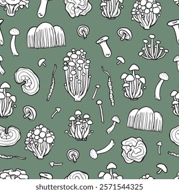 Fungus seamless pattern on green background. Illustration of Shimeji, erinji, shitaki, cordyceps, turkey tail and lions mane. Hand drawn medicinal mushrooms.	