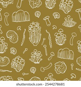 Fungus seamless pattern on yellow  background. Illustration of Shimeji, erinji, shitaki, cordyceps, turkey tail and lions mane. Hand drawn medicinal mushrooms. 