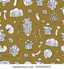 Fungus seamless pattern on yellow background. Illustration of Shimeji, erinji, shitaki, cordyceps, turkey tail and lions mane. Hand drawn white medicinal mushrooms. 