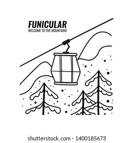 Funicular with cabins. Doodle style ski resort vector illustration. Mountain landscape. Stock vector