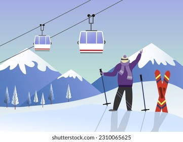 Funicular with cabins. Skier-athlete stands with skis and snowboard. Winter landscape with mountains. Accessories for winter holidays. Vector. For posters, advertising flyers, covers and brochures