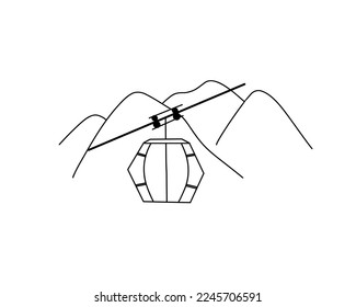 Standseilbahn in den Bergen. Doodle, handgezeichnet, Vektorgrafik