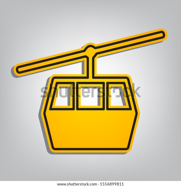 Funicular, Cable car sign. Flat orange icon\
with overlapping linear black icon with gray shadow at whitish\
background.\
Illustration.